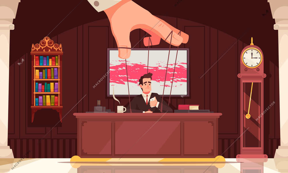 Abuse of power cartoon background with official sitting in his office and manipulated by giant puppeteer hand flat vector illustration