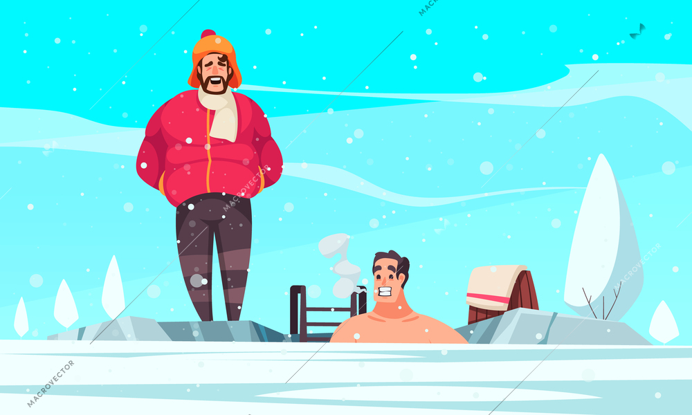 Healthy lifestyle cartoon background with man dipping into ice hole in winter flat vector illustration