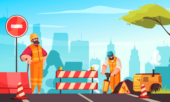 Road repair flat composition with builders characters working with jackhammer cartoon vector illustration