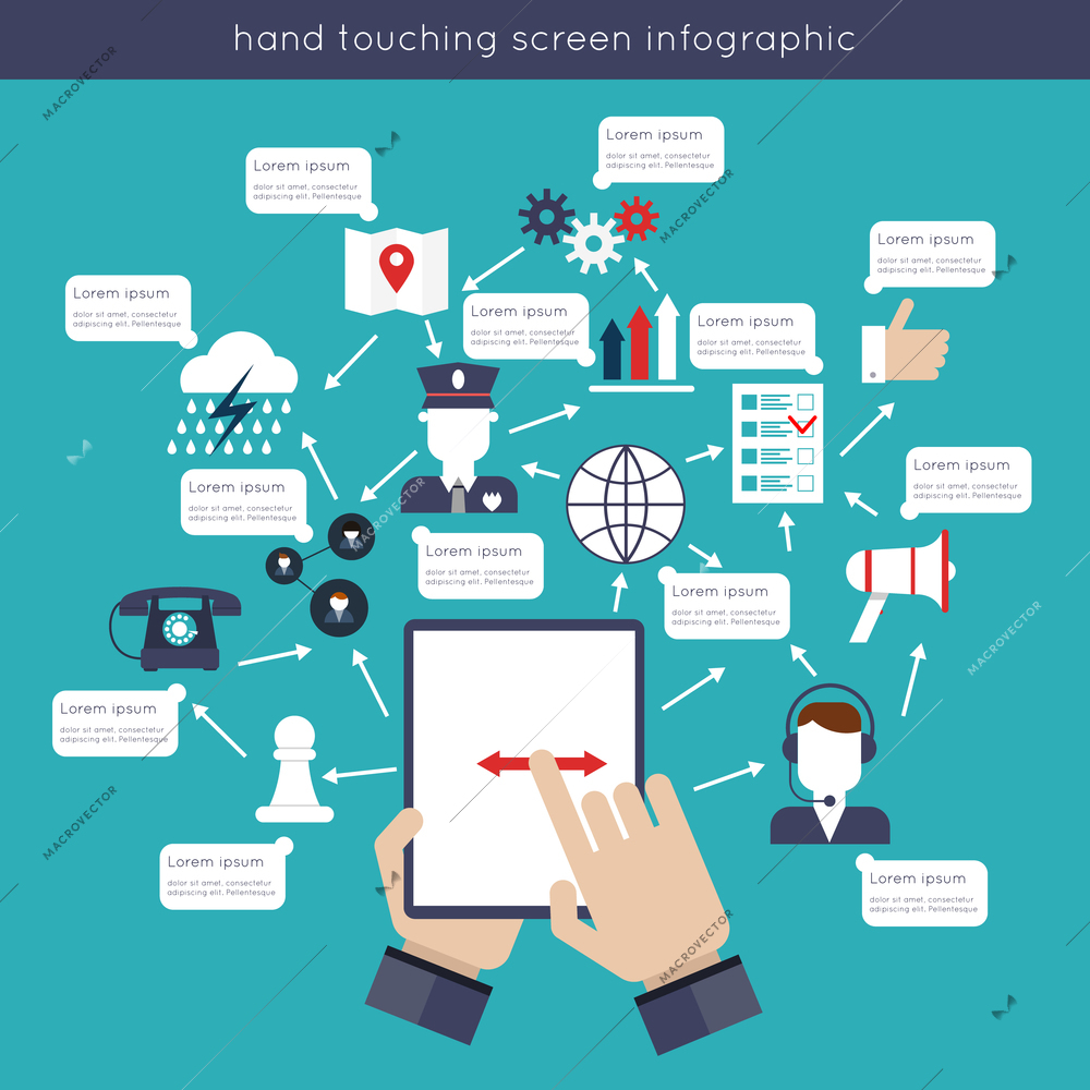 Hand touching tablet screen infographics set with social media icons vector illustration