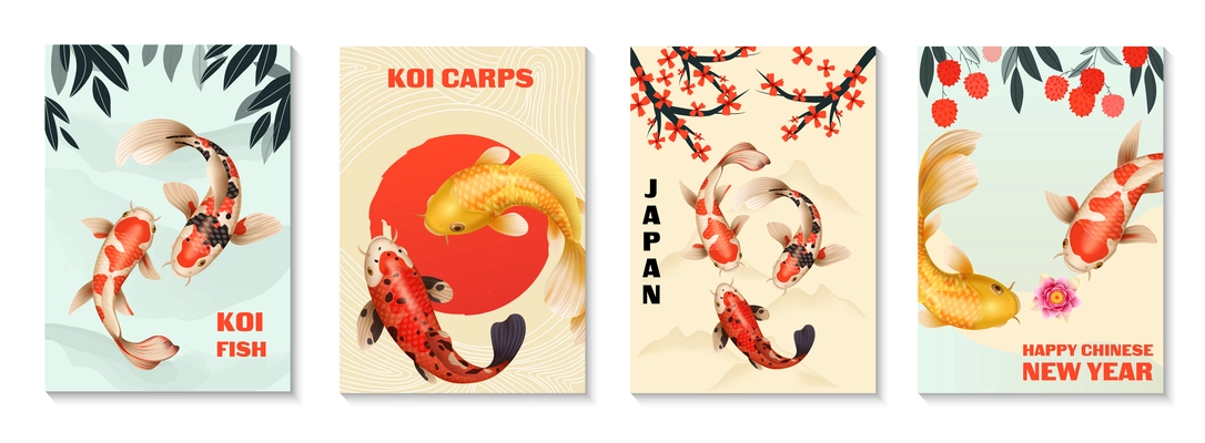 Realistic koi fish set of four vertical posters with editable text and images of exotic fishes vector illustration