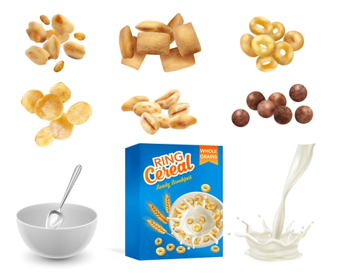 Realistic cereal mockup packaging set with isolated images of crispy rings with milk spray and dish vector illustration