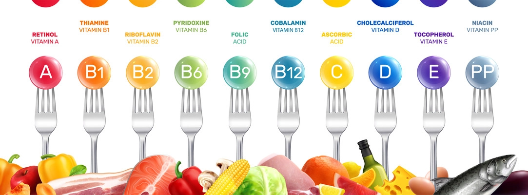 Vitamins realistic composition with horizontal row of forks with  colorful bubbles supplement letters and text captions vector illustration