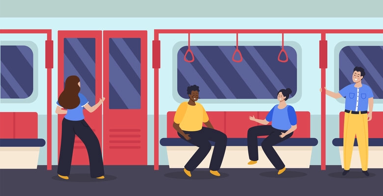 People sitting and standing in subway car flat vector illustration