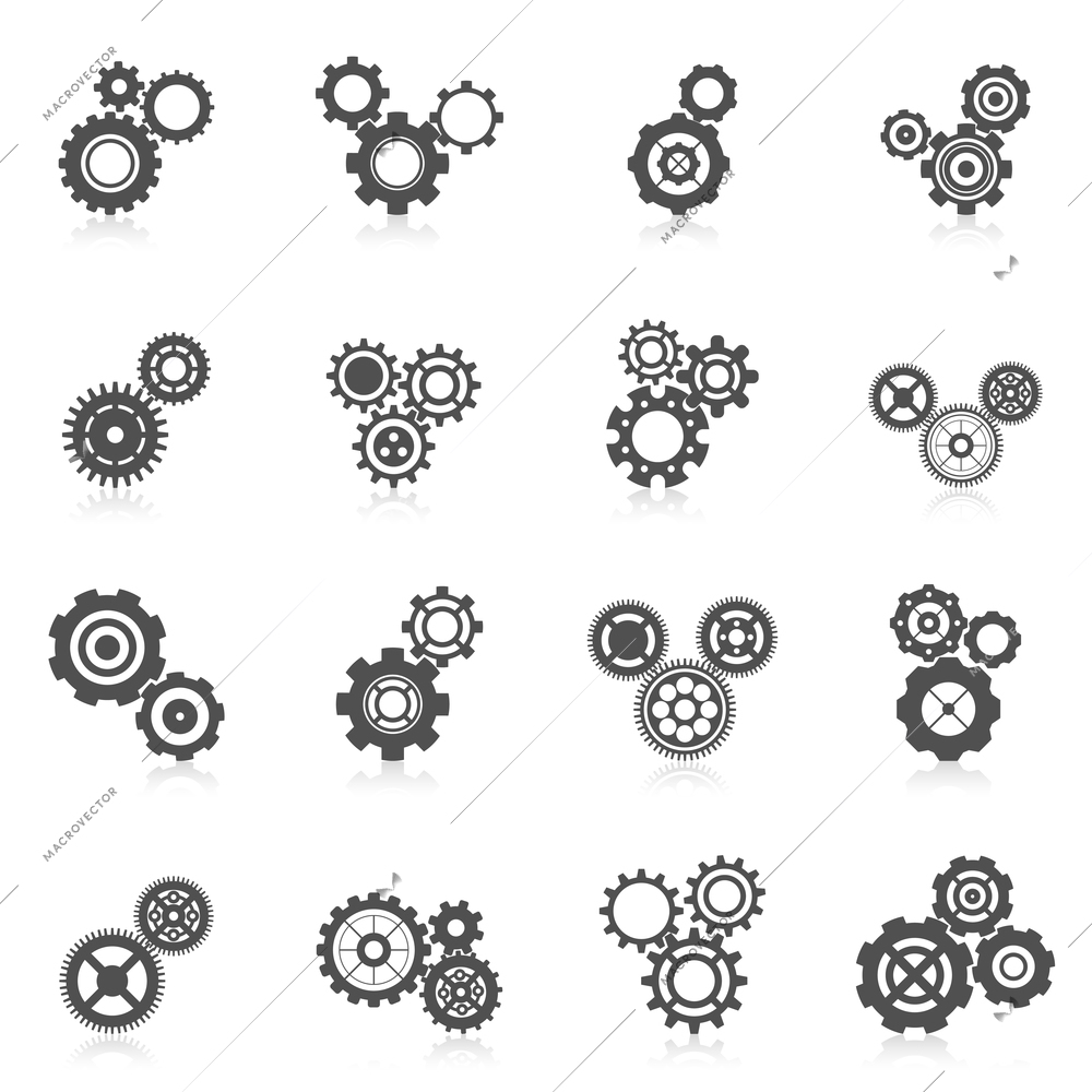 Cog wheel gear mechanic and engineering black icon set isolated vector illustration