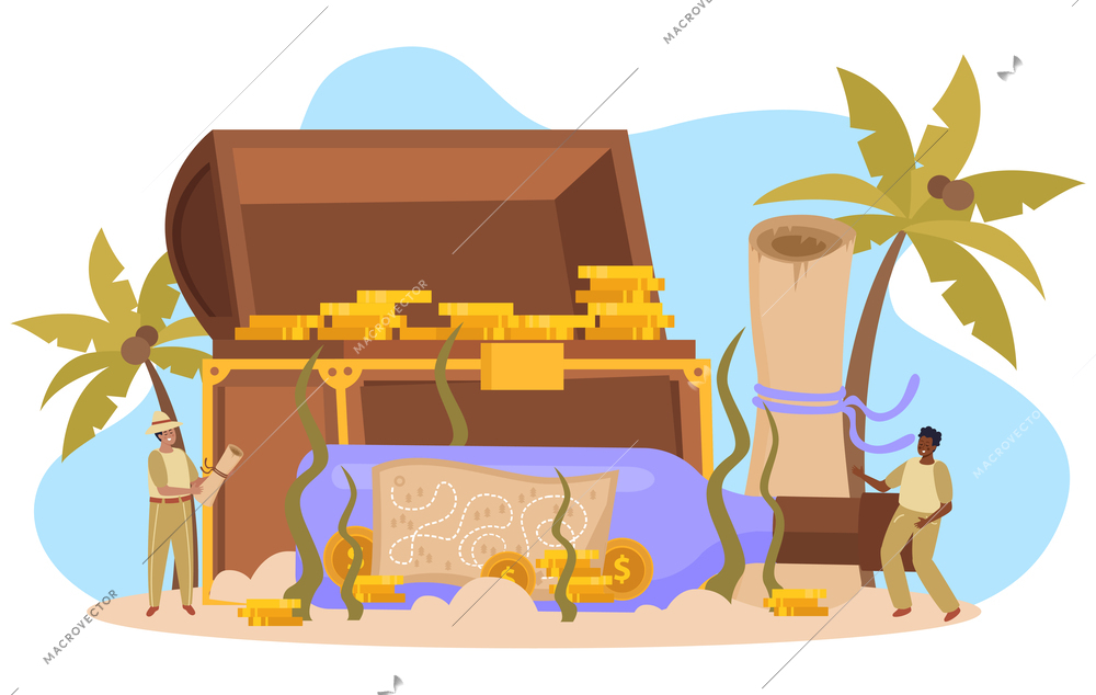Treasure hunt flat composition with map in bottle old chest with gold coins on sand and two tiny people vector illustration