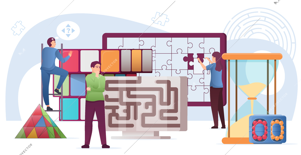 Conundrum flat composition with thoughtful people solving puzzles and playing logical games vector illustration