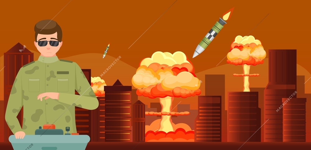 Atomic war concept with man pushing red nuclear button on background with cityscape and exploding missiles flat vector illustration