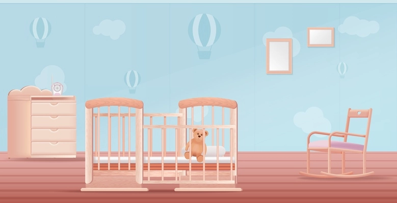 Cute baby room interior with rocking chair changing table with chest of drawers and teddy bear in crib realistic vector illustration