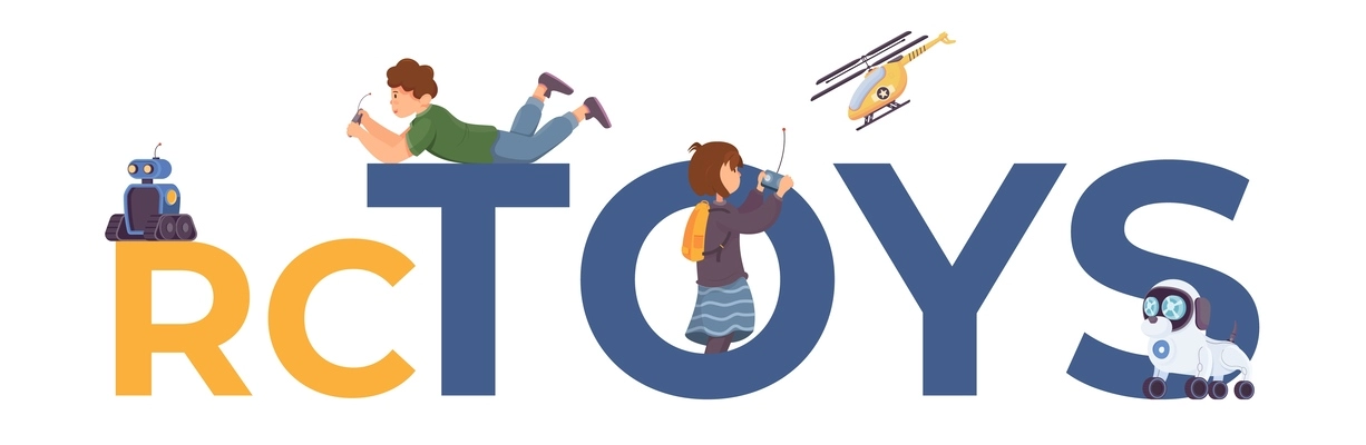 Flat remote controlled toys text with blue and yellow letters boy and girl controlling robot helicopter dog vector illustration