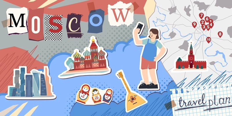 Moscow map composition with pop art style collage of flat stickers with national stereotypes and plan vector illustration