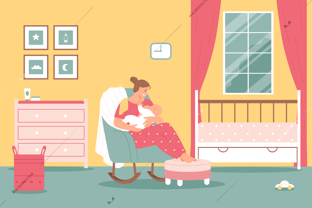 Breastfeeding colored composition woman sits on chair in the nursery and breastfeeds her baby with her feet on pouffe for comfort vector illustration