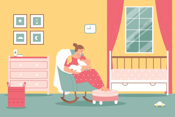 Breastfeeding colored composition woman sits on chair in the nursery and breastfeeds her baby with her feet on pouffe for comfort vector illustration