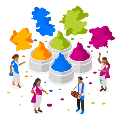 Happy Holi festival isometric design concept with jars with multicolored paints and dancing people vector illustration