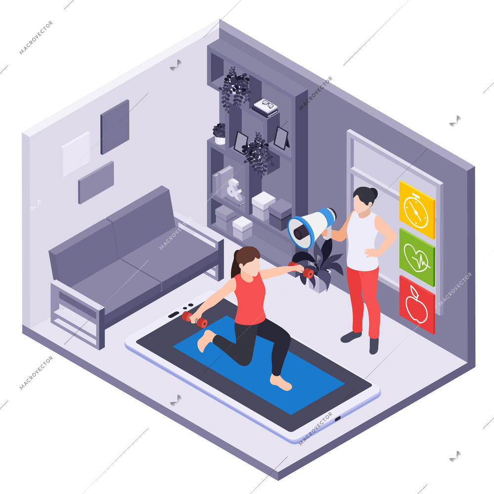 Online services in sport isometric vector illustration of young woman maintaining physical fitness remotely with dumbbells