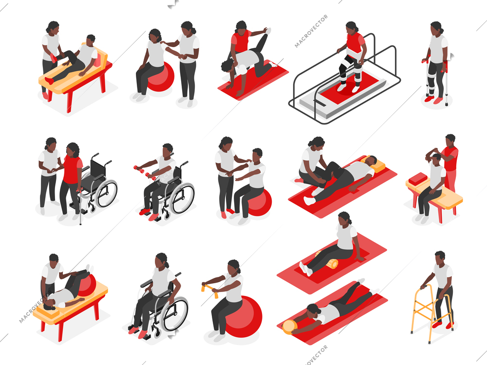 Physiotherapy and rehabilitation isometric recolor set with fitness symbols isolated vector illustration