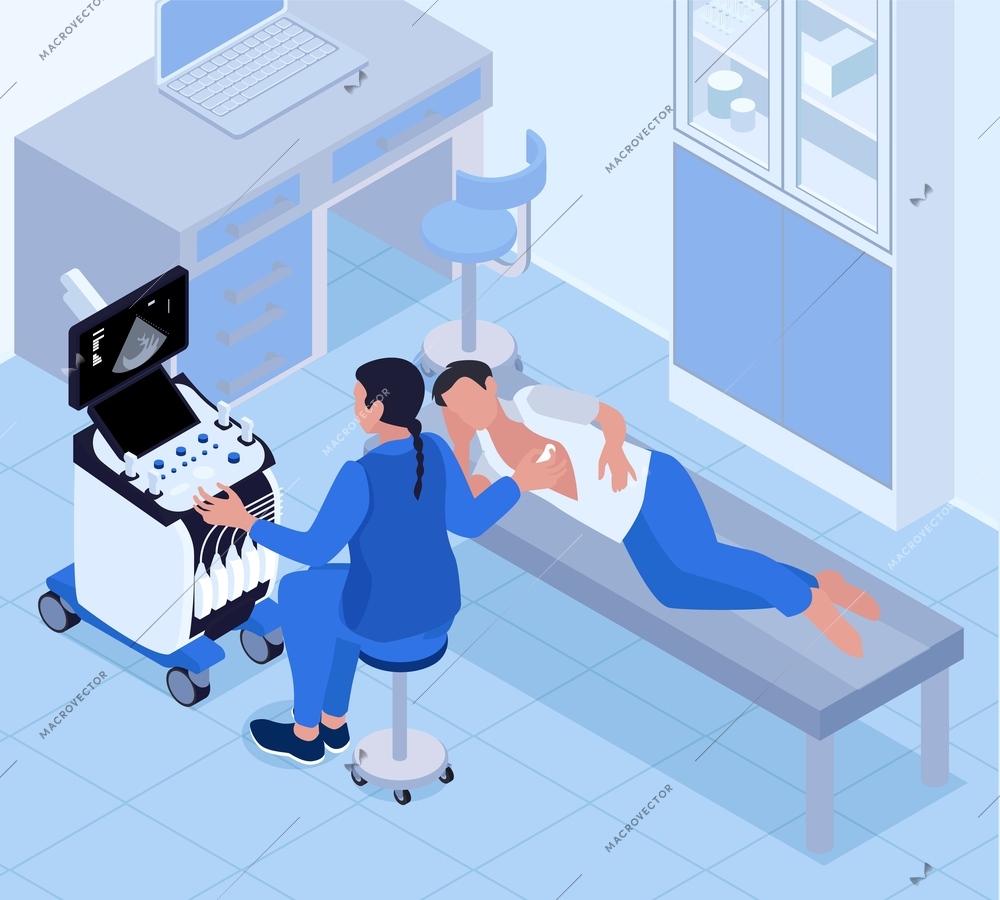 Ultrasound examination isometric background with cardiologist performing  procedure of heart diagnostic vector illustration