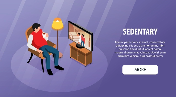 Isometric sedentary horizontal banner with man sitting at tv drinking tea with editable text and button vector illustration