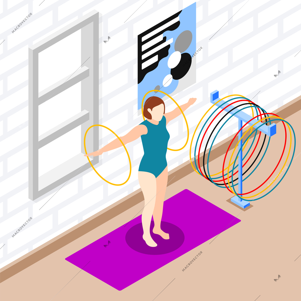 Sport indoor isometric background with woman exercising with hula hoop 3d vector illustration