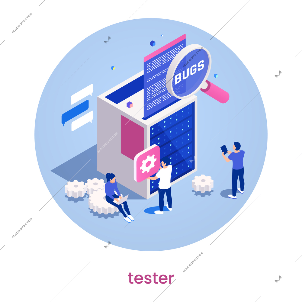 IT professions isometric concept with tester job symbols vector illustration