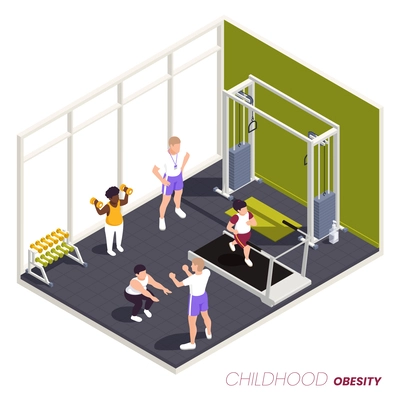 Childhood obesity concept with healthcare symbols isometric vector illustration
