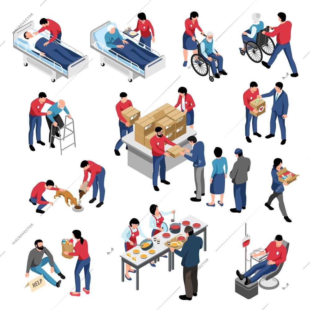 Volunteering and charity isometric set with volunteers helping sick elderly homeless hungry people and animals isolated vector illustration