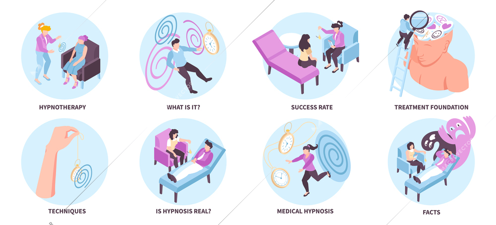 Isometric hypnosis therapy composition set with medical hypnotherapy symbols isolated vector illustration