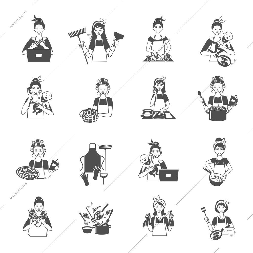 Housewife woman domestic life black icons set isolated vector illustration