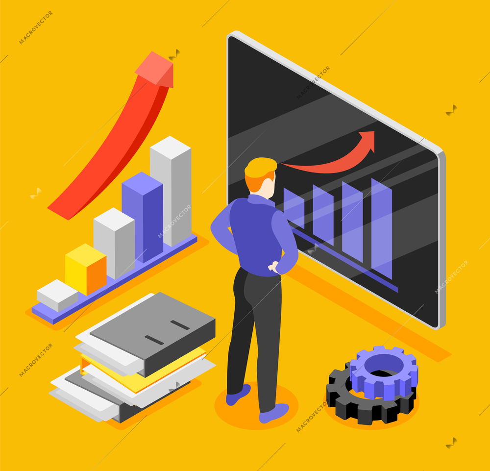 Business training isometric background with businessman watching online presentation vector illustration