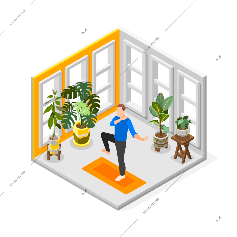 World tai chi and qigong day isometric composition with man practicing in his room vector illustration