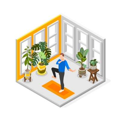 World tai chi and qigong day isometric composition with man practicing in his room vector illustration