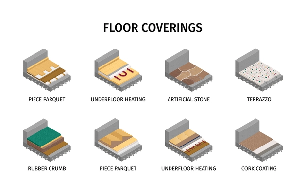 Floor coverings set with piece parquet and rubber crumb layers isolated vector illustration