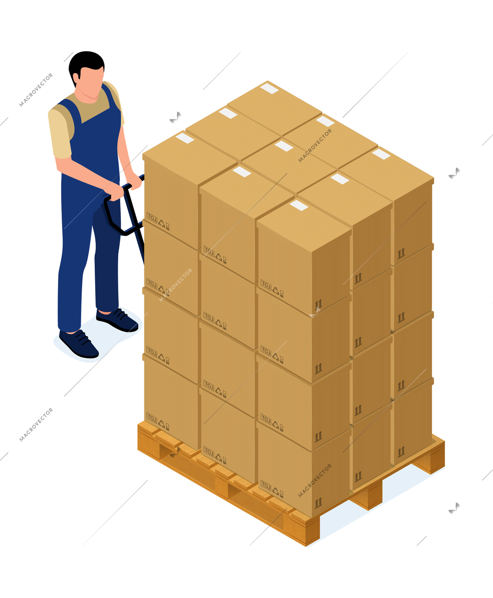 Isometric delivery composition with cardboard boxes loaded on wooden pallets vector illustration