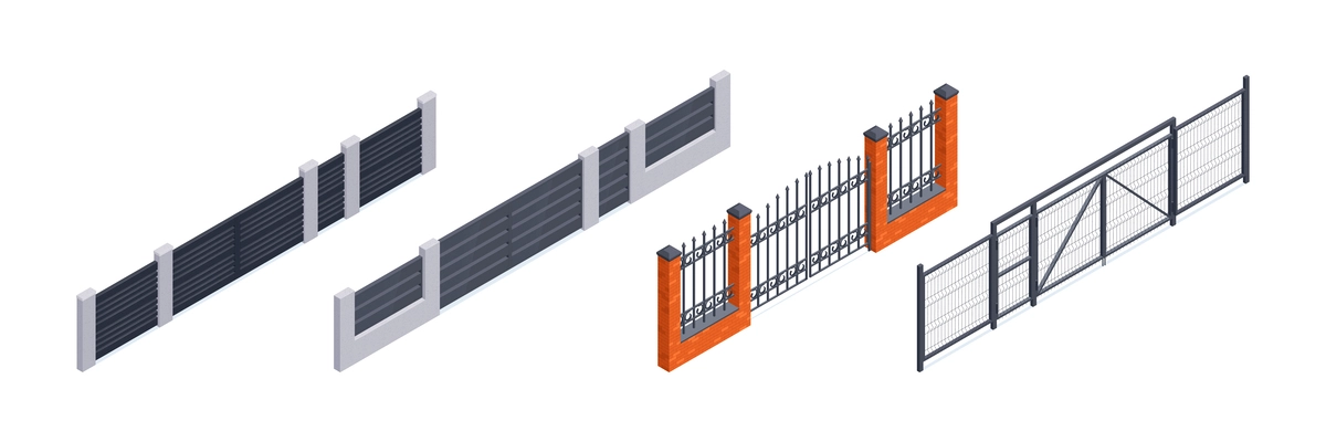 Isometric set of modern gates and fence blocks isolated vector illustration