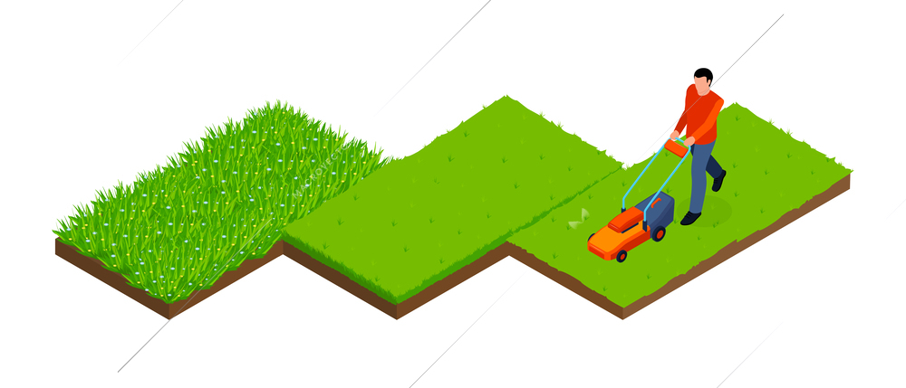 Isometric lawn mower concept with male cutting grass vector illustration