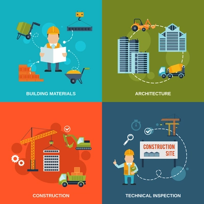 Construction flat icons set with building materials architecture technical inspection isolated vector illustration