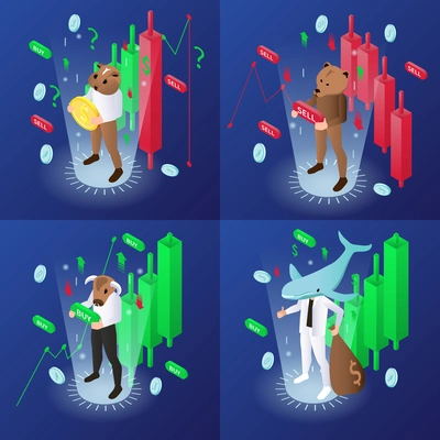 Trading isometric concept icons set with stock and market symbols isolated vector illustration