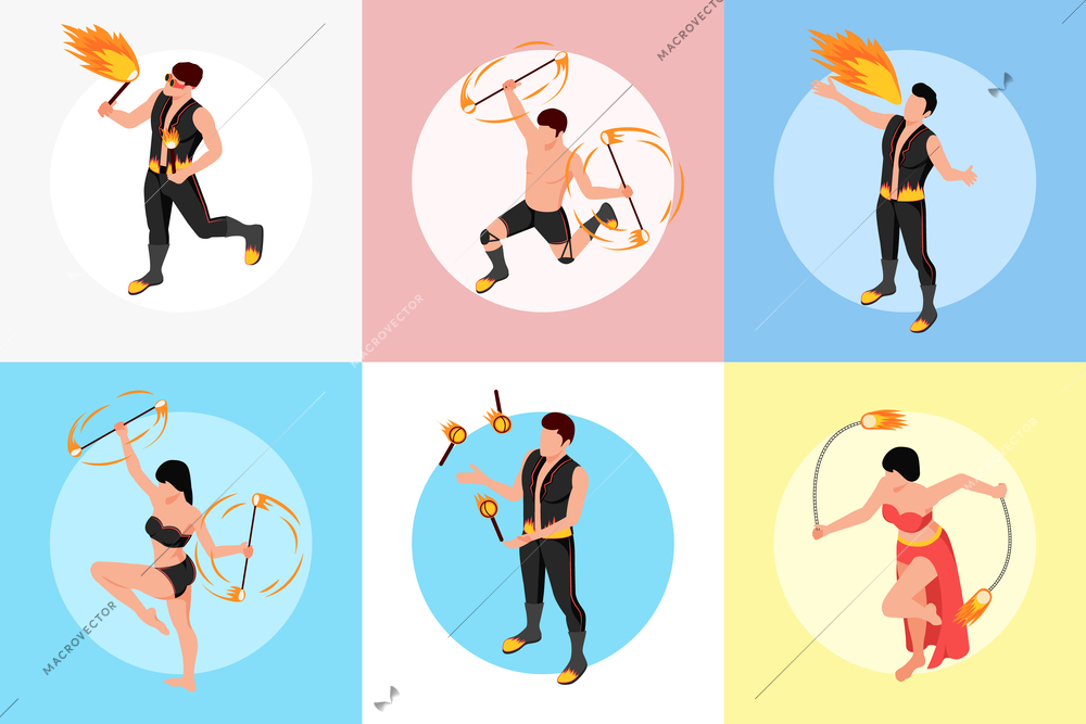 Fireshow people isometric square set with fire performance symbols isolated vector illustration