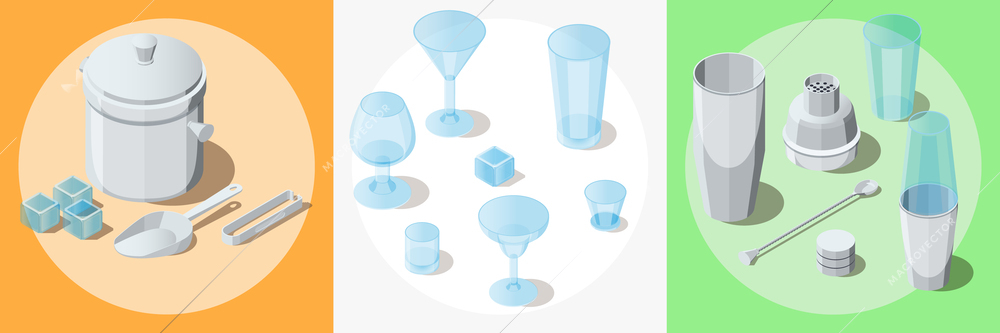 Bartender and barman isometric square set with bar utensils symbols isolated vector illustration