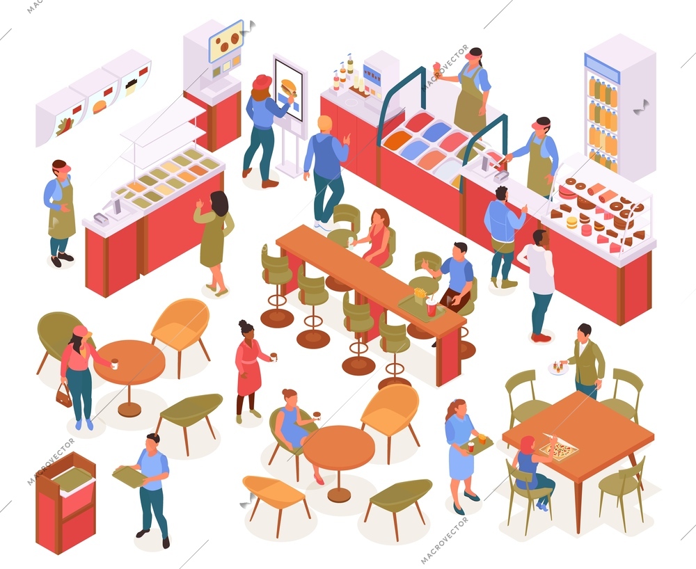 Food court isometric concept with selfservice and takeout symbols isolated vector illustration