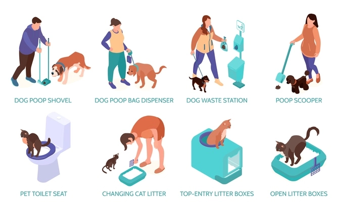 People cleaning pets poop composition set with dispenser and scooper symbols isometric isolated vector illustration
