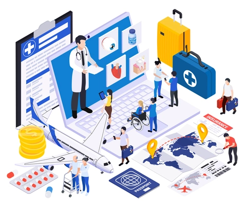 International tourism isometric composition with characters of tourists with doctors insurance medicine and first aid box vector illustration