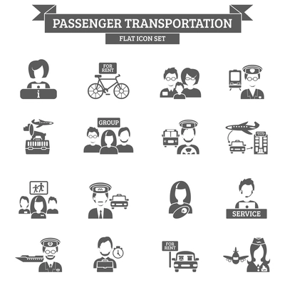 Passenger transportation black icon set with driver captain stewardess isolated vector illustration