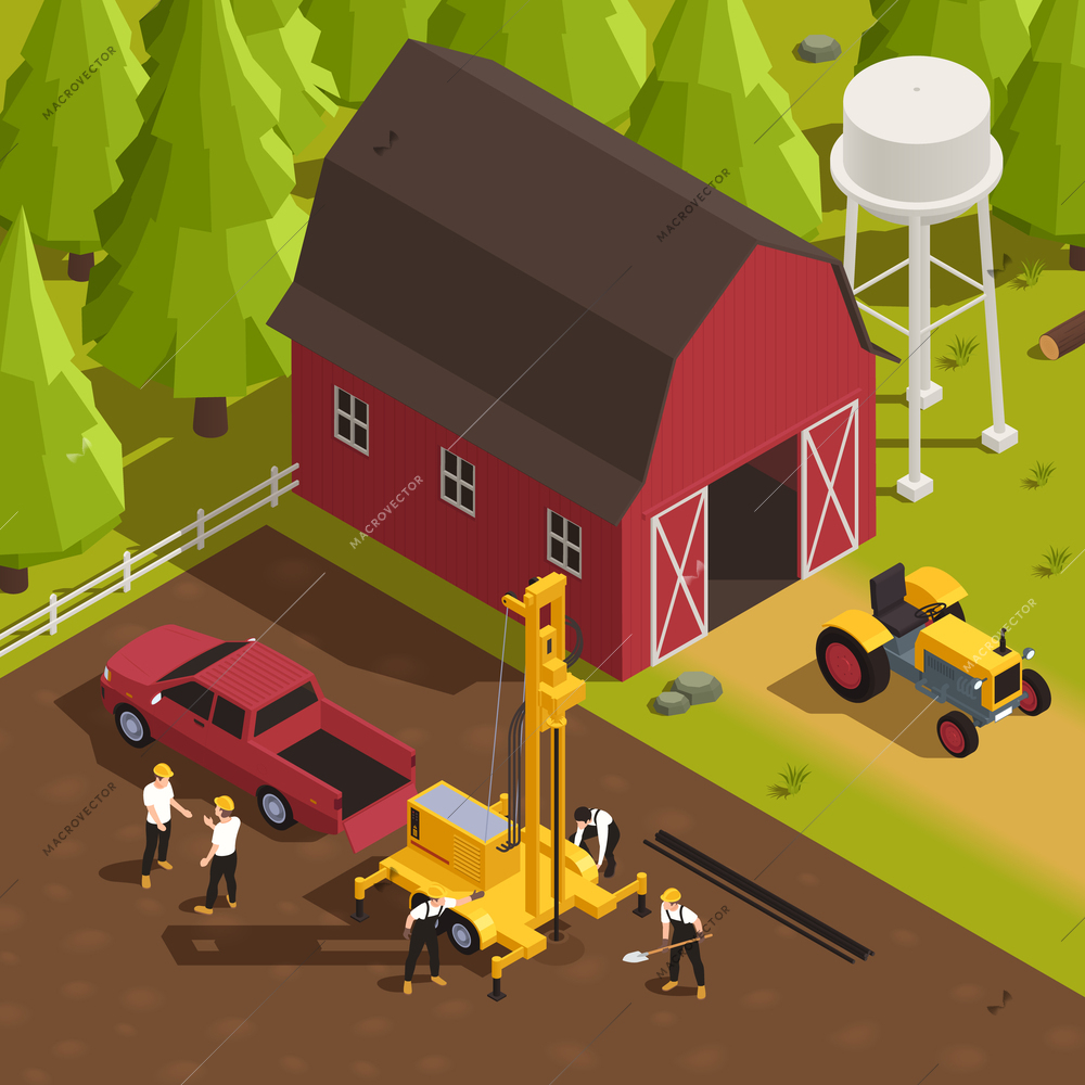 Personnel drilling well in rural area with drill rig 3d isometric vector illustration