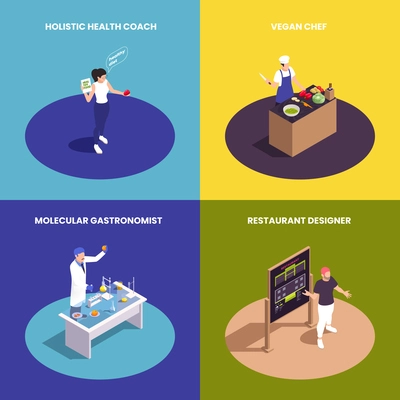 Isometric modern food industry professions 2x2 design concept set with health coach vegan chef molecular gastronomist and restaurant designer isolated 3d vector illustration