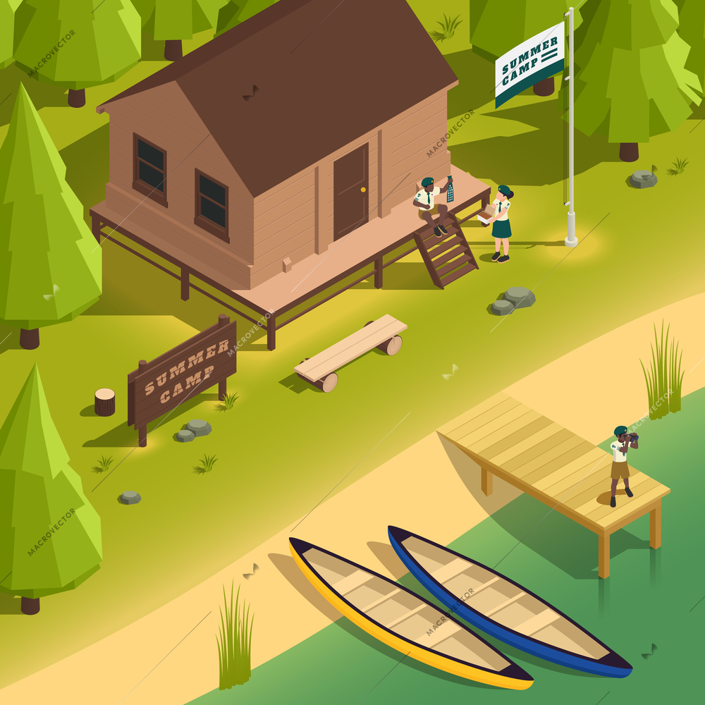 Children summer camp scenery with forest and boats scout boys and girl holding box of cookies 3d isometric vector illustration