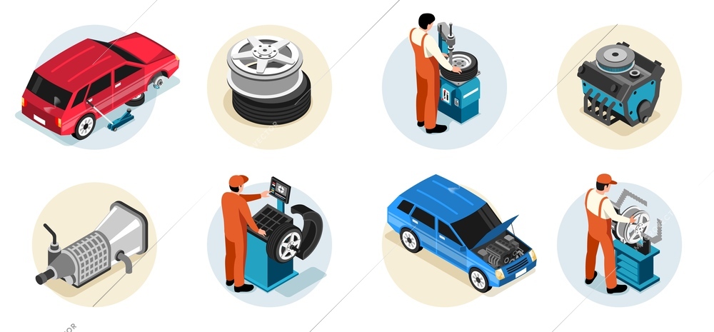 Isometric car repair composition set with technical detailing and spare parts diagnostics isolated vector illustration