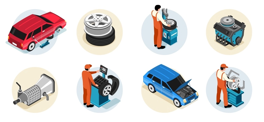 Isometric car repair composition set with technical detailing and spare parts diagnostics isolated vector illustration