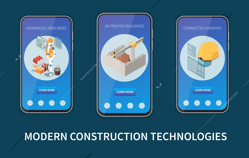 Modern construction technologies isometric composition with three landing pages on smartphone screens vector illustration