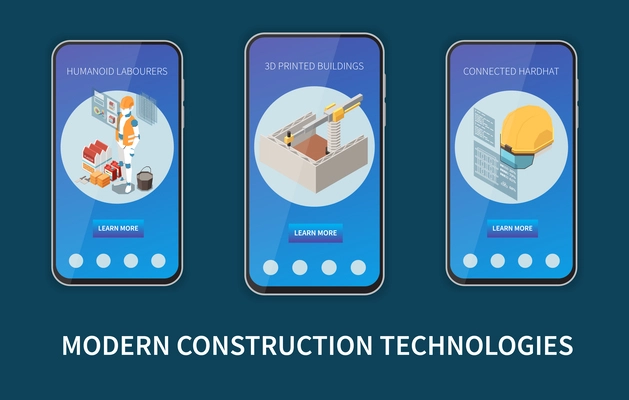 Modern construction technologies isometric composition with three landing pages on smartphone screens vector illustration